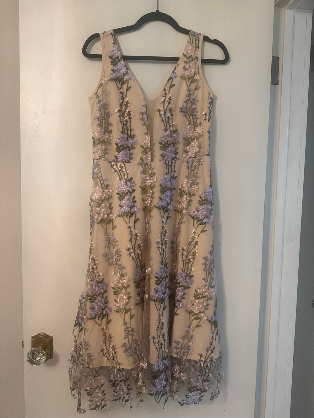Floral Embroidered Beige & Lavender V-Neck Dress